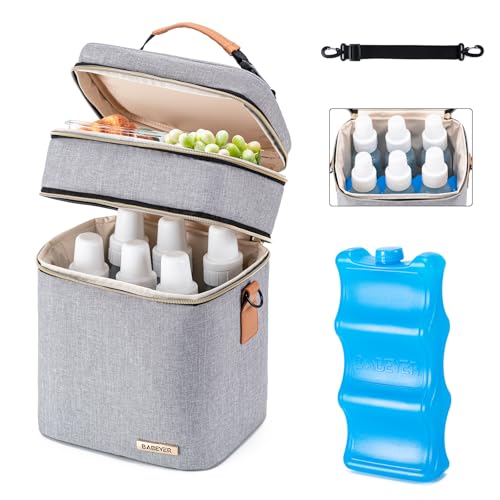 Breastmilk Cooler Bag with Ice Pack Fits 6 Baby Bottles Up to 9 Ounce, Double Deck Leak-Proof Baby Bottles Bag with Shoulder Strap for Nursing & Working Mom, - color: Grey
