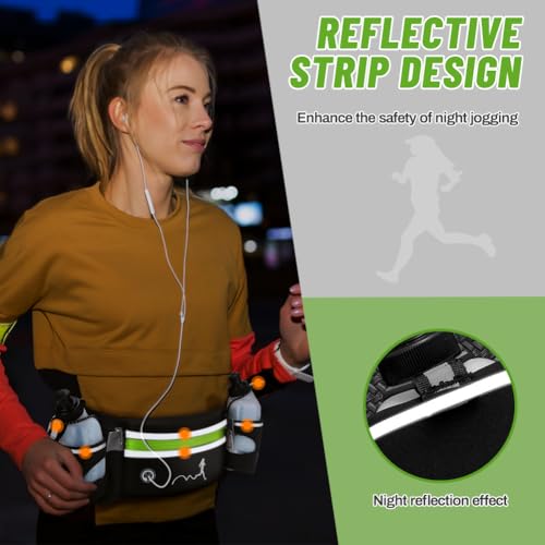 Hydration Running Belt with Water Bottles(2 x 300ML), Luckit Nylon Webbing Running Waist Bag Reflective Bum Bag Adjustable Sports Waist Pouch for Marathon Running Hiking Camping Jogging (Green) - color: Green