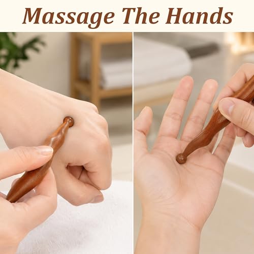 Dual-Head Cooling Copper Beads Arm Massager and Sandalwood Acupoint Pen for Feet, 2-in-1 Odorless Wood Therapy Tools for Lymphatic Drainage and Muscle Recovery, Home Spa Manual Massager Set, 2pcs