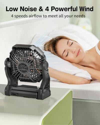 AEscod Portable Camping Fan, Rechargeable Battery Operated with LED Lights, Hanging Hook, 270°Rotation, 20000mAh Battery Powered Fan for Beach, Office, Picnic, Fishing, Travel, Tent - color: black