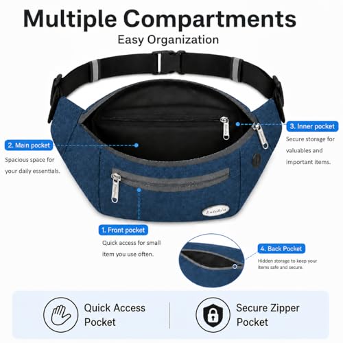Entchin Water-Resistant Fanny Pack, 4-Zipper Belt Bag - color: Blue