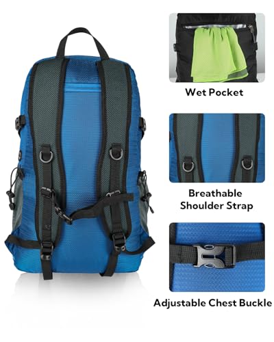 WATERFLY Lightweight Packable Hiking Backpack, 30L Day Pack - color: Deep Blue