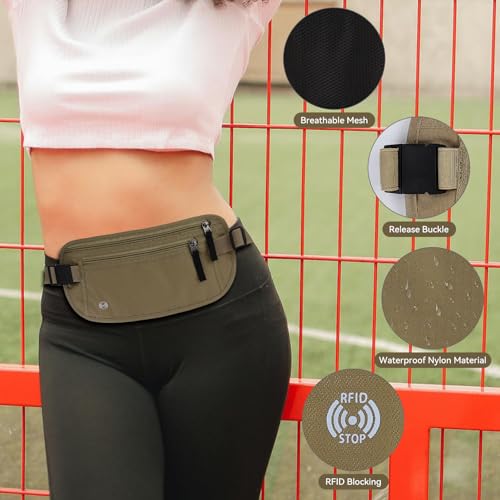 FuninCrea Waterproof Hidden Money Belt for Travel, Anti-Theft Belt Bag with RFID Blocking Function Adjustable Slim Waist Bag with 2 Zipper Pockets and 1 Back Pocket for Travel Running (Style 2, Khaki) - color: Style 2, Khaki