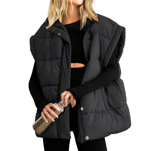 Songling Womens Oversized Puffer Vest Stand Collar Full Zip Sleeveless Bubble Puffer Vest Quilted Padded Warm Coat Outwear - color: Black, size: X-Small
