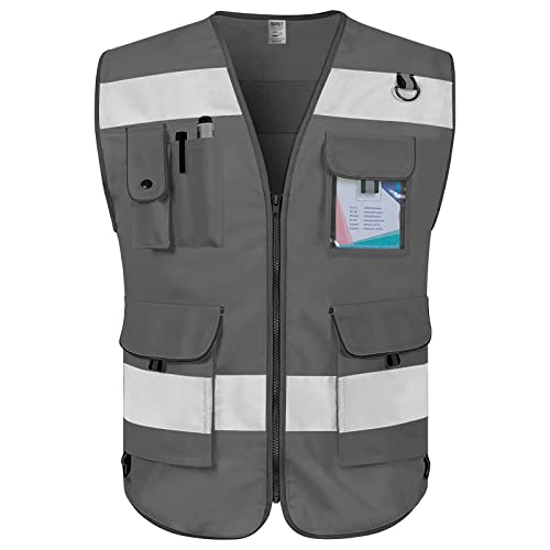 TCCFCCT High Visibility Safety Vest for Men Women 9 Pockets, Grey 4XL - color: Grey Fabric-bison 001, size: 4X-Large