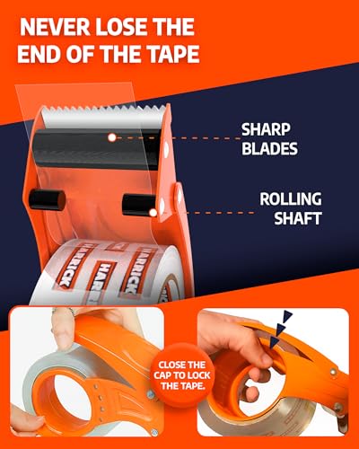 Clear Packing Tape with Dispenser 1.88 inch - Metal Strong & Durable Heavy Duty Packing Tape with Dispenser - Strong Strapping Tape with Dispenser Easy Tear & Seal - 1 Roll / 1 Dispenser / 54.5 Yards - size: 54.5 yd