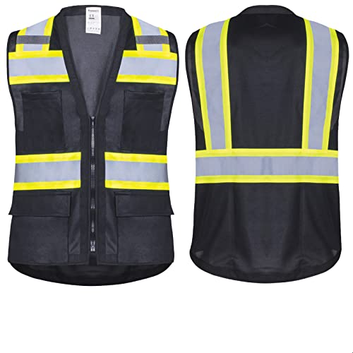ProtectX High Visibility ANSI Class 2 Safety Vest with 6 Pockets - color: Black - Solid Fabric, size: Large