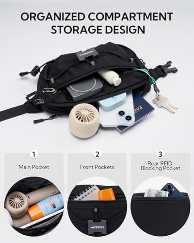 WATERFLY Small Fanny Pack RFID Blocking Travel Hiking Crossbody Waist Bag - color: Black