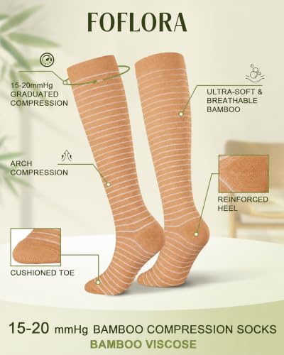 Bamboo Viscose Compression Socks|4Pairs 15-20mmHg Knee High Socks - color: Brown, size: Large-X-Large