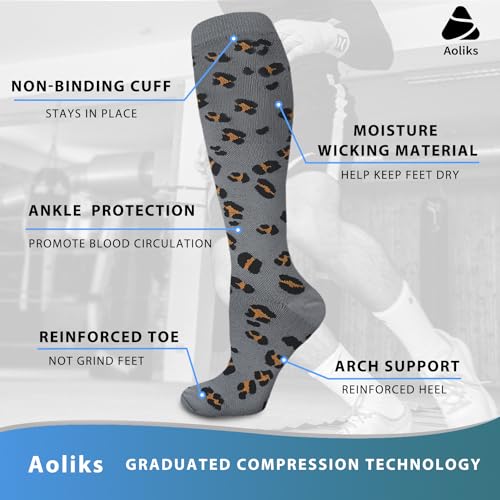 Aoliks 6 Pairs Compression Socks for Women & Nurses, Flying Knee High Socks - color: 020 A13-leopard/Gray/Black, size: Small-Medium