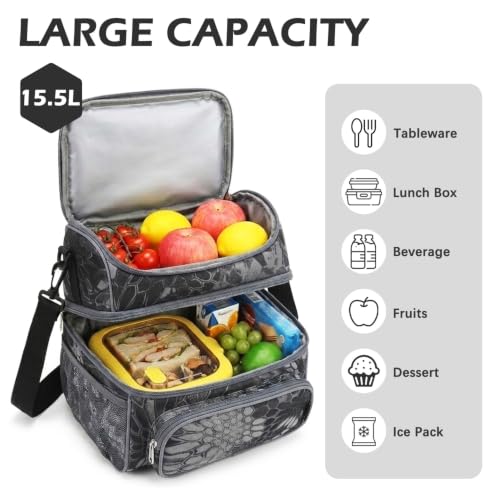 FlowFly Double Layer Cooler Insulated Lunch Bag Adult Lunch Box Large Tote Bag for Men, Women, With Adjustable Strap,Front Pocket and Dual Large Mesh Side Pockets - color: MWH