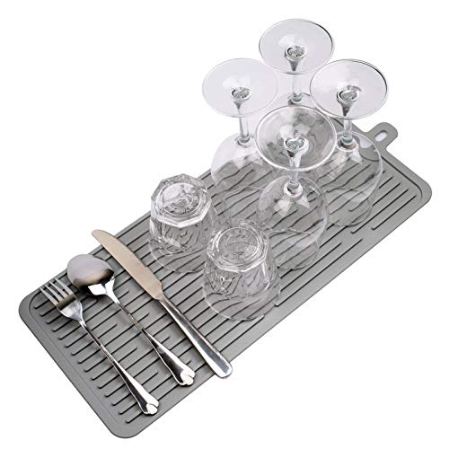 Dish Mat Silicone Dish Drying Mats Works For Drying Stemware Cocktail Glasses Silverware Pots Pans Knives and Dish Rack for Kitchen Counter Sink Bar Pads Easy to Clean (Gray) - color: M+ (15.3" x 7.8") Grey