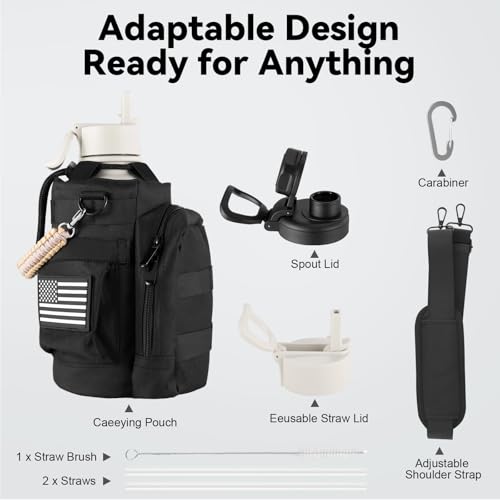 KXIAOCHEN Insulated Water Bottle with Strap, 48-Hour Cold, 2 Lids - color: Cream-B, size: 64 Ounces