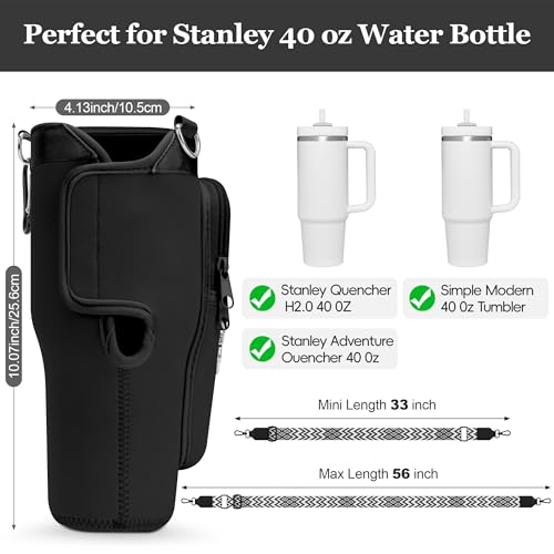 Initial Water Bottle Holder with Strap for Stanley Cup 40 oz Tumbler - color: Black, style: Q