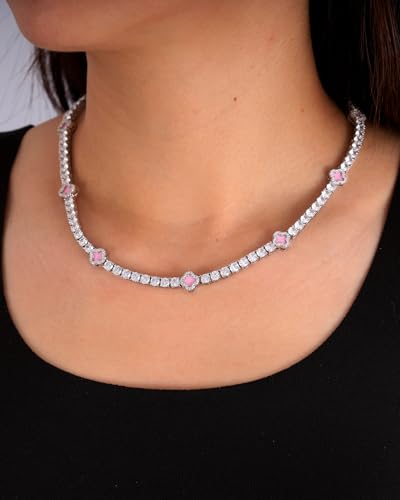 LuxeFlex 4mm Iced Out Four Leaf Tennis Chain,White Gold Plated with 5A Zircon Stones, exquisite Handmade Hip Hop Bling Necklace Perfect Unisex Jewelry Gift - color: White Gold-Pink, size: 20 INCH