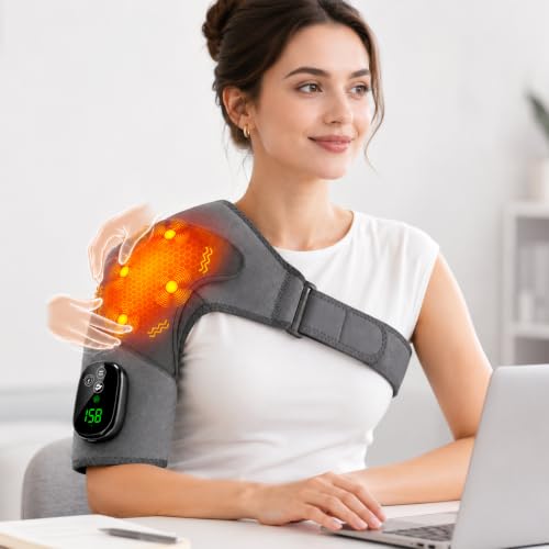 Cordless Heated Shoulder Wrap with Quiet Vibration Massage, Shoulder Heating Pad for Stiff Muscles & Everyday Comfort, Adjustable Left & Right Shoulder Brace for Men Women, Gray