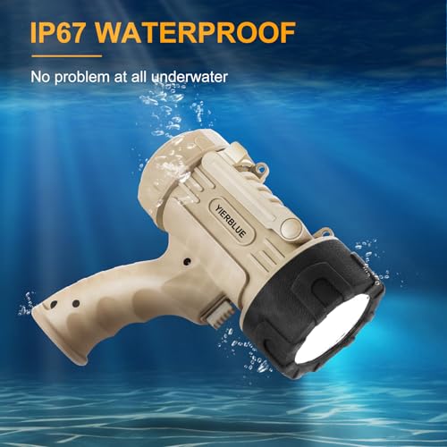 YIERBLUE Rechargeable Spotlight Flashlight with High Lumen LED, IP67 Waterproof Long Running Spot Light searchlight, Impact Resistant Handheld Spotlight with Foldable Stand and Red Lens - color: Pearl