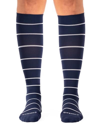 Comrad Breathable Knee High Compression Socks with Targeted Arch Support - color: Navy/Sand Stripe, size: Medium