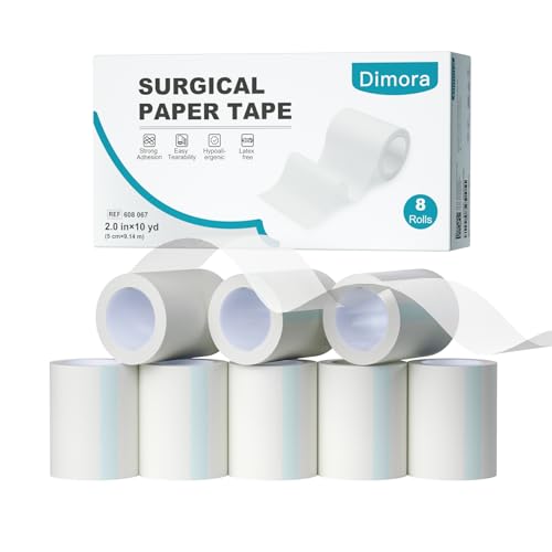 Dimora Paper Medical Tape 8 Rolls- Hypoallergenic White Surgical Tape for Sensitive Skin，Breathable First Aid Wound Tape with Pain-Free Removal，Secures Dressing and Medical Devices -2" x 10 Yards - color: White-Paper Tape 8 Rolls 2" x 10yd