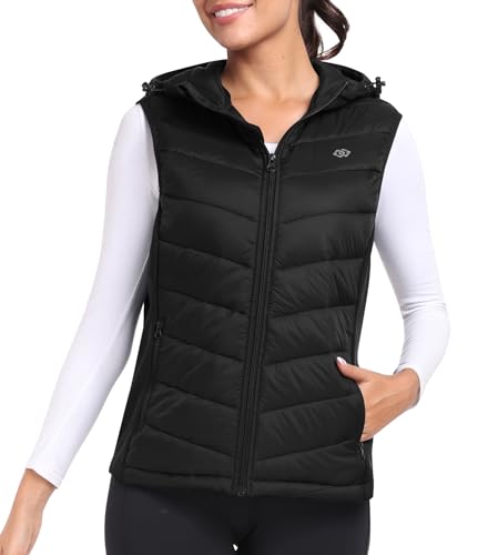 MoFiz Womens Puffer Vest Hooded Lightweight Sleeveless Down Jacket - color: Black, size: Medium