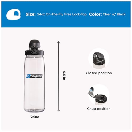 Nalgene 24 oz On The Fly Lock-Top Water Bottle, Clear w/Black - color: Clear with Black, size: 24 Ounces