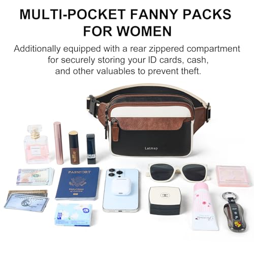 LATMAP 3L Fanny Packs for Women Cross Body Bag Vegan Leather Waist Belt Bag - color: Black and Brown with Beige