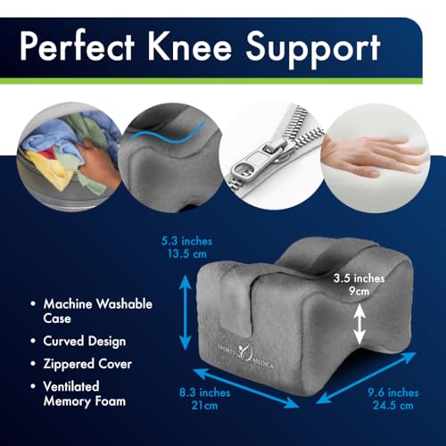 Sports Medica Knee Pillow for Side Sleepers, Memory Foam Leg Pillow Cushion - color: Grey