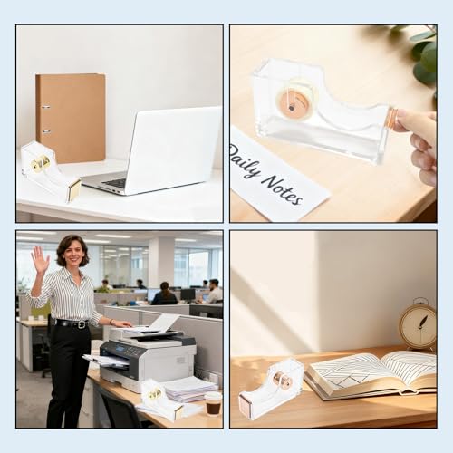 Rose Gold Clear Acrylic Tape Dispenser, Heavy Duty Non-Slip Desk Tape Dispenser with Serrated Stainless Steel Blade, Single Hand Dispensing Tape Holder for Office Home School Gift Wrapping - color: Rose Gold
