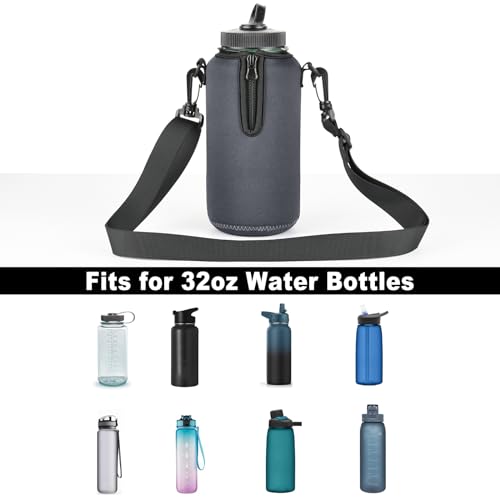 Beautyflier Neoprene Water Bottle Sleeve Insulator Cooler, Compatible with Nalgene Water Bottle 32 OZ, with Adjustable Shoulder Strap for Hydro Flask Wide Mouth Bottle 32oz, etc. (Gray) - color: Gray