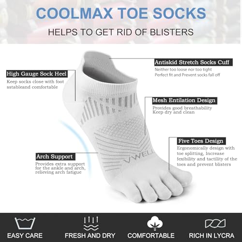 VWELL Toe Socks for Men Women COOLMAX Athletic Running Ankle Socks (3Pairs) - color: White, size: Medium