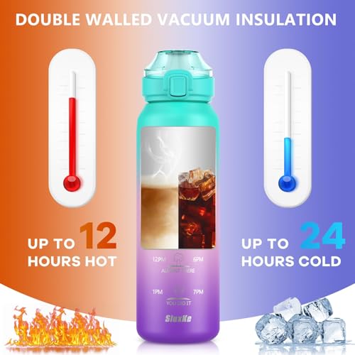 SLUXKE 17oz Insulated Water Bottle with handle BPA Free, 316 Stainless Steel Water Bottles 500ml with Time Marker Double Walled, Metal Water Flask Jug for Hiking, Biking, Running, Three Colors - color: GREEN PINK PURPLE, size: 17 Ounces