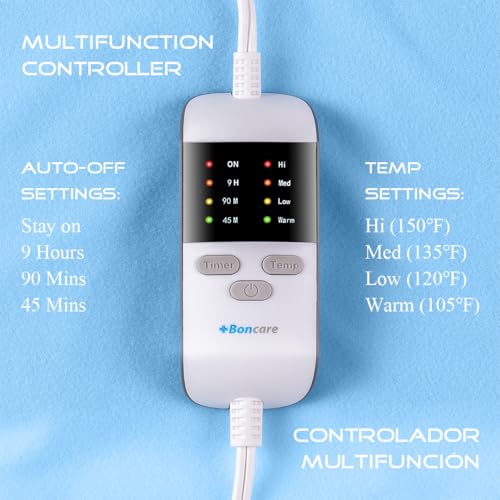 Boncare® Vinyl Large Heating Pad 3 Timers and Stay on for Back Pain Relief and Cramps, 4 Temperature Settings Hot Electric Heat Pad with Washable Cover Blue (12"x 24") - size: 12"x24"