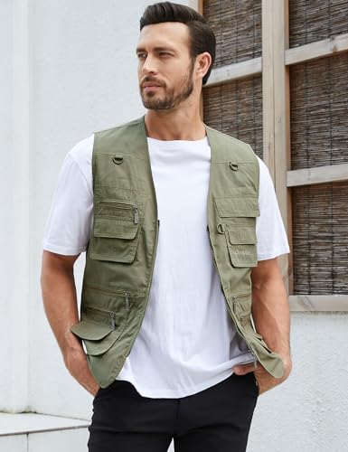Gihuo Men's Fishing Vest Utility Safari Travel Vests with Multi Pockets - color: Army Green, size: Small