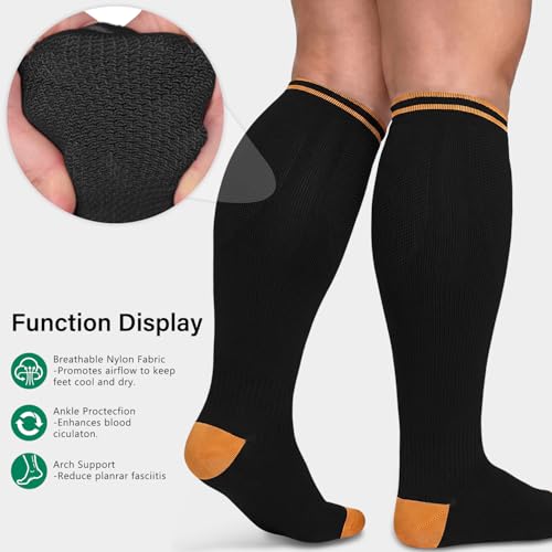 CTHH Wide Calf Compression Socks for Women Men Plus Size Knee High Stocking - color: Black/Yellow, size: XX-Large