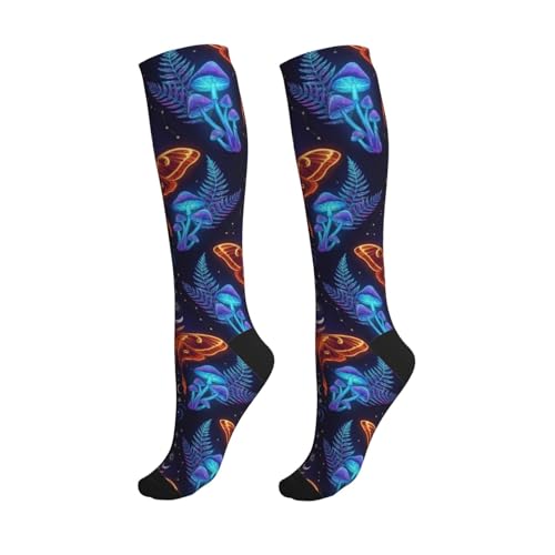 Witchy Moth Compression Socks For Women Men - color: Moth Neon Mushrooms