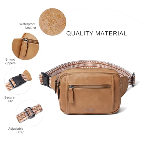 LATMAP 3L TRIPLE ZIP Fanny Packs Belt Bag For Women Men Crossbody Waist Pack Sling Chest Bum Travel Bag Purse Faux Leather Fashion Cute Tan - color: Tan