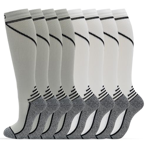 fenglaoda 8 Pairs Compression Socks for Men & Women 20-30 mmHg Knee High Nurse Pregnant Running Medical and Travel Athletic - color: 03-8 pairs-grey/white line, size: Small-Medium