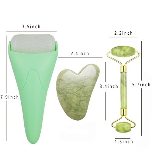 3 in 1 Ficial Face Ice Jade Roller and Gua Sha Tool, Natural Real Jade Anti-Wrinkle Face Eye Neck Massager Tool, Reduce Wrinkles, Puffiness, Migraine, Redness, Pain and Injury, Green - color: Green