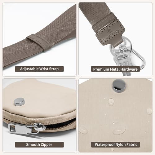 Keychain Wristlet Wallet for Women Zippered Dual Pouch Wristlet Nylon Coin Purse Small Wallet with Key Ring - color: Khaki+Brown