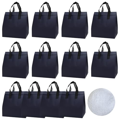 12Pcs Insulated Lunch Bags Disposable Cooler Thermal Grocery Take Out Bag for Food Delivery Party Drink Picnic Holiday, Navy Blue - color: Navy Blue, size: 9.45"(H) x 9.45"(L) x 5.91"(W)