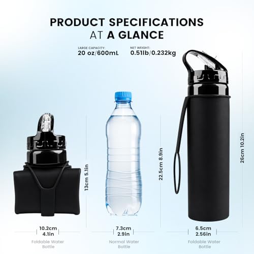Collapsible Water Bottles 20oz, BPA-Free Silicone Foldable Water Bottle with Leak-Proof Lid Lightweight Portable Running & Travel Water Bottle for Hiking, Camping & Sports