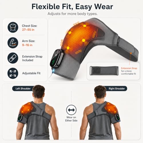 Cordless Heated Shoulder Wrap with Quiet Vibration Massage, Shoulder Heating Pad for Stiff Muscles & Everyday Comfort, Adjustable Left & Right Shoulder Brace for Men Women, Gray
