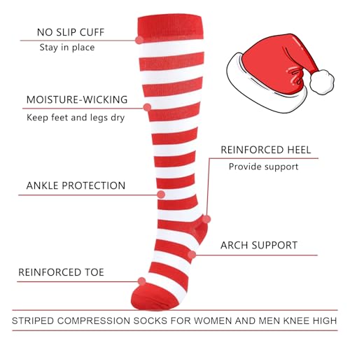 Junely Compression Socks for Women Knee High Striped Polka Dot Stockings - color: A1-red and White