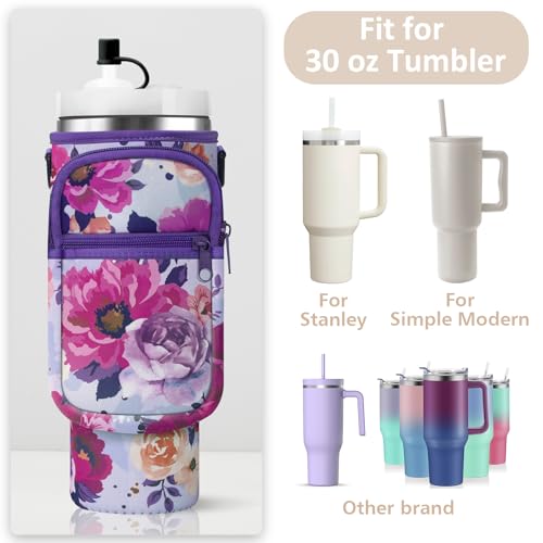 AceTreker Water Bottle Carrier Bag with Strap for Stanley 40/30 oz Tumbler Neoprene Insulated Cup Holder Sleeve with Phone Pocket & Straw Cover for Stanley Cup Accessories - color: 02-Purple Rose, style: 30 Oz