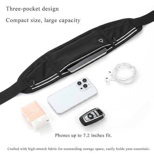 Running Belt with Resistance Band Bundle - Slim Water-Resistant Waist Pack for Women & Men, No-Bounce Adjustable Phone Holder Fits iPhone 15 Pro Max, Glute Activation Loop for Yoga & Fitness - color: Black