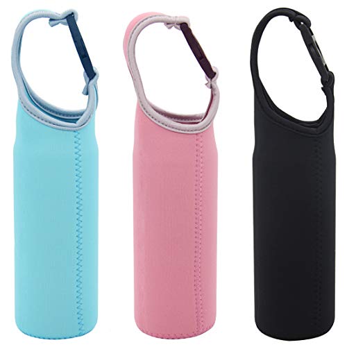 Kvvdi 3 Pack 16 oz - 21 oz Neoprene Water Bottle Sleeve 16.9oz Portable Bottle Cooler Cover Holder Strap for Outdoor - color: Black, Pink, Blue