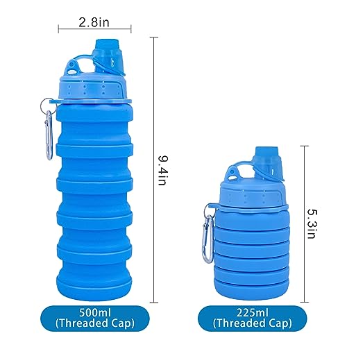 Collapsible Water Bottles Travel water bottle Sports Portable Sport Water Bottle Reusable Water Bottles comes with mountaineering Buckle 500ml silicone Water-proof camping water bottle - color: Blue+Blue, style: 2 pack