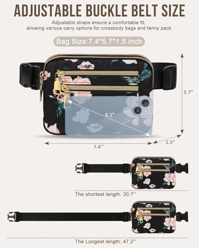 Capolo Fanny Packs for Women 4 Zip Pocket Crossbody Belt Bag Waist Bags - color: Black Flower, size: Medium
