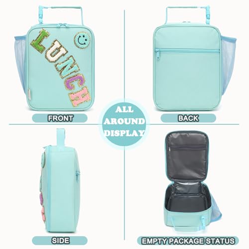 FlowFly Lunch box Insulated Soft Bag Mini Cooler Back to School Thermal Meal Tote Kit With Buckle and Mesh Side Pocket for Girls, Boys, GreenWithLetter - color: GreenWithLetter