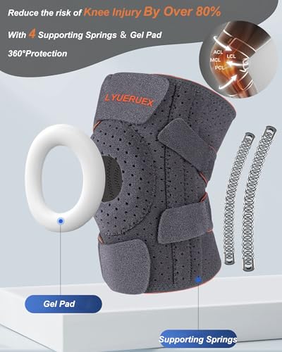 Knee Brace with Side Stabilizers & Patella Gel Pad, Meniscus Tear Knee Brace for Men and Women, Adjustable Compression Support for Pain Relief, Arthritis, Meniscus, ACL, MCL, Running (Gray Orange)